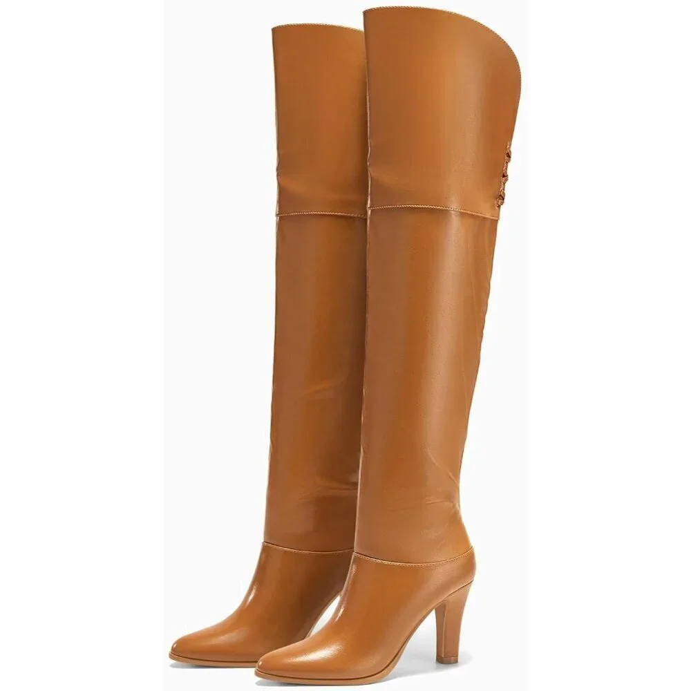 🆕Women Light Brown Thigh High Pointed Toe Chunky Heel Over the Knee Boot